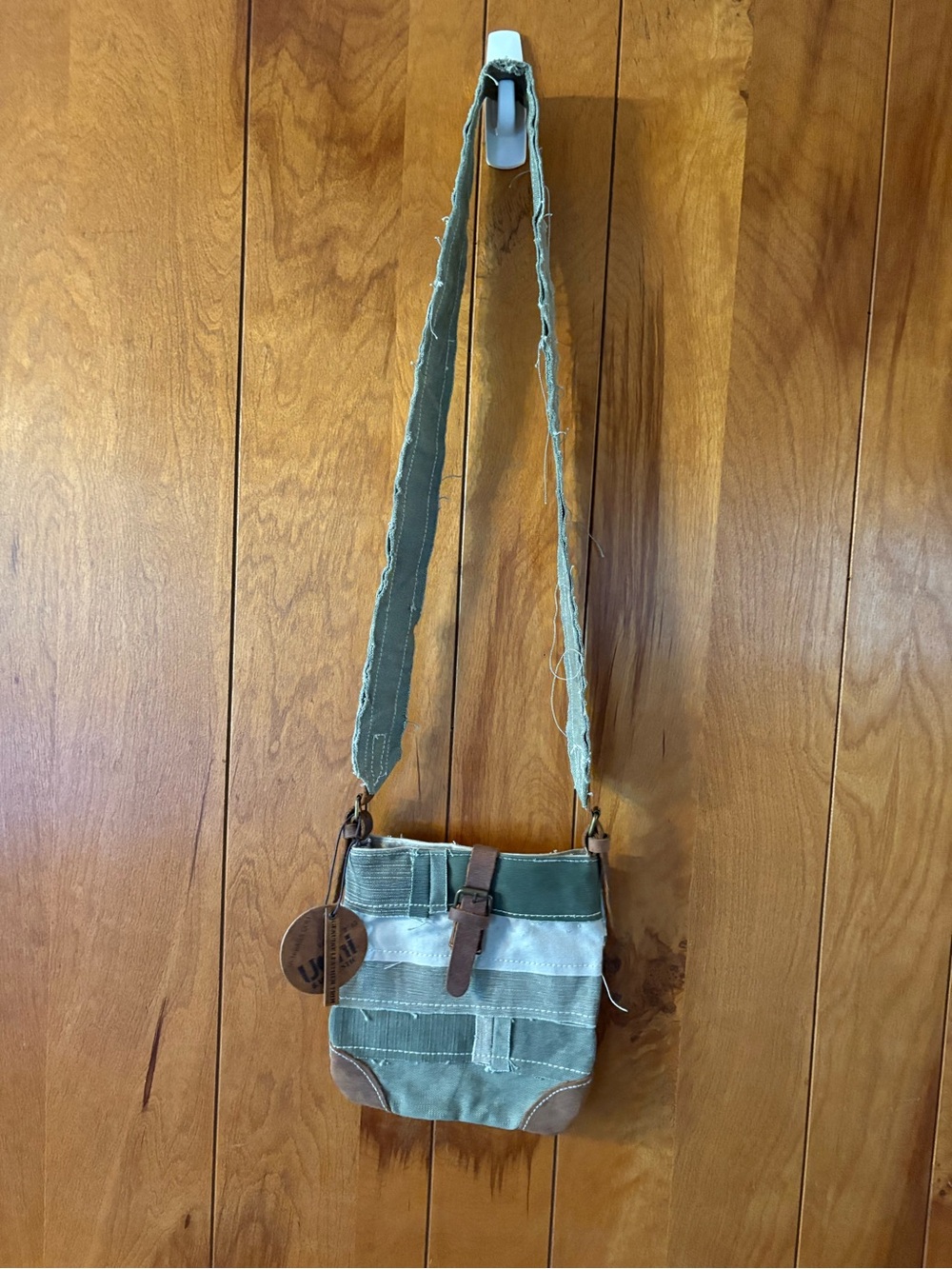 Olive Green Canvas Messenger Bag with Leather Trim